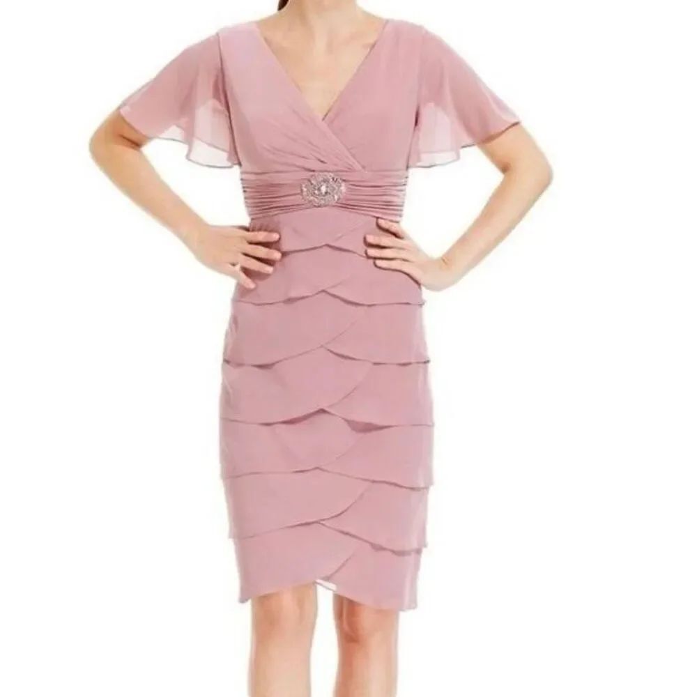 Jessica Howard Tiered Ruffled Flutter Sleeve Formal Sheath Dress Pink Size 6P